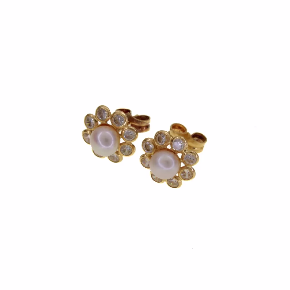Floral earrings with zirconias and pearls in 18k gold · view 1