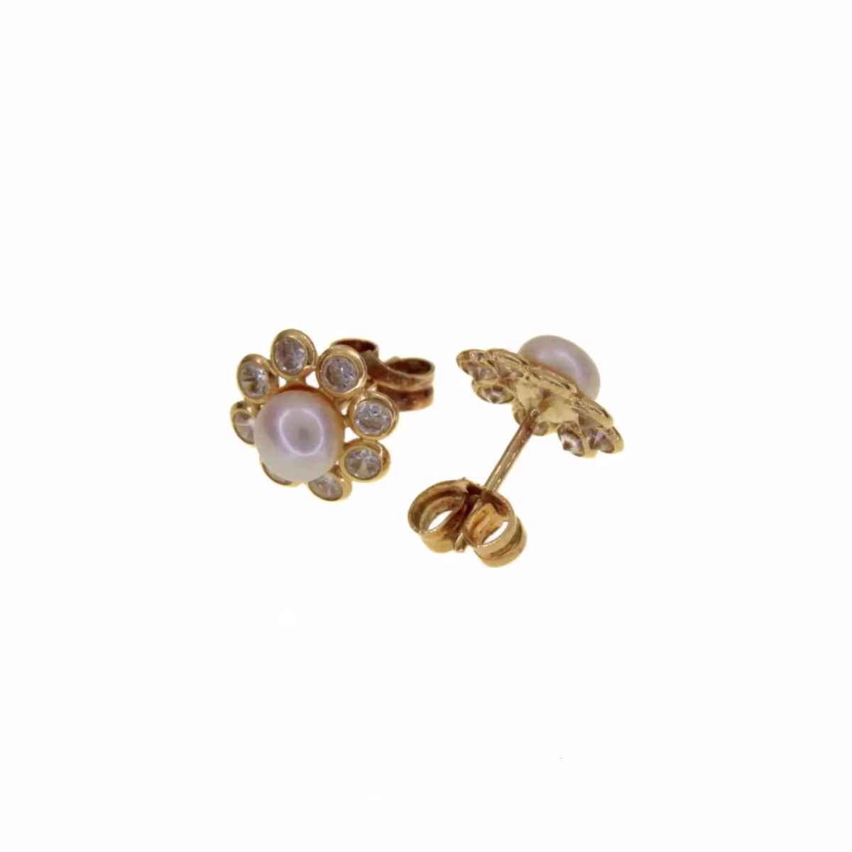Floral earrings with zirconias and pearls in 18k gold · view 2