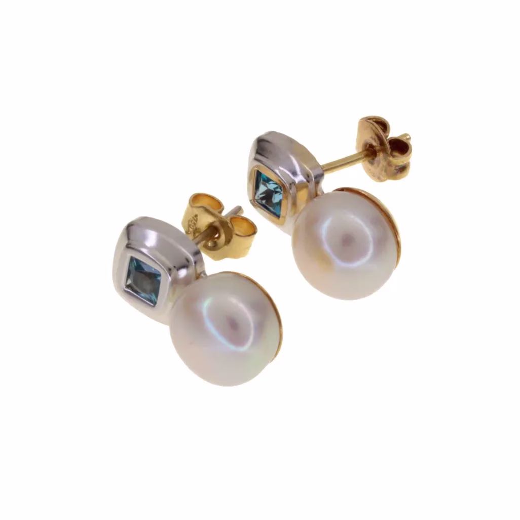 Pendientes "Tu y Yo" con perlas y circonitas en dos oros 18k